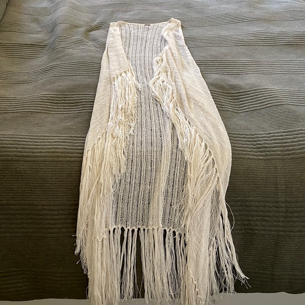 Cream Free People fringe cardigan, size: M , Linen/Rayon/Cotton